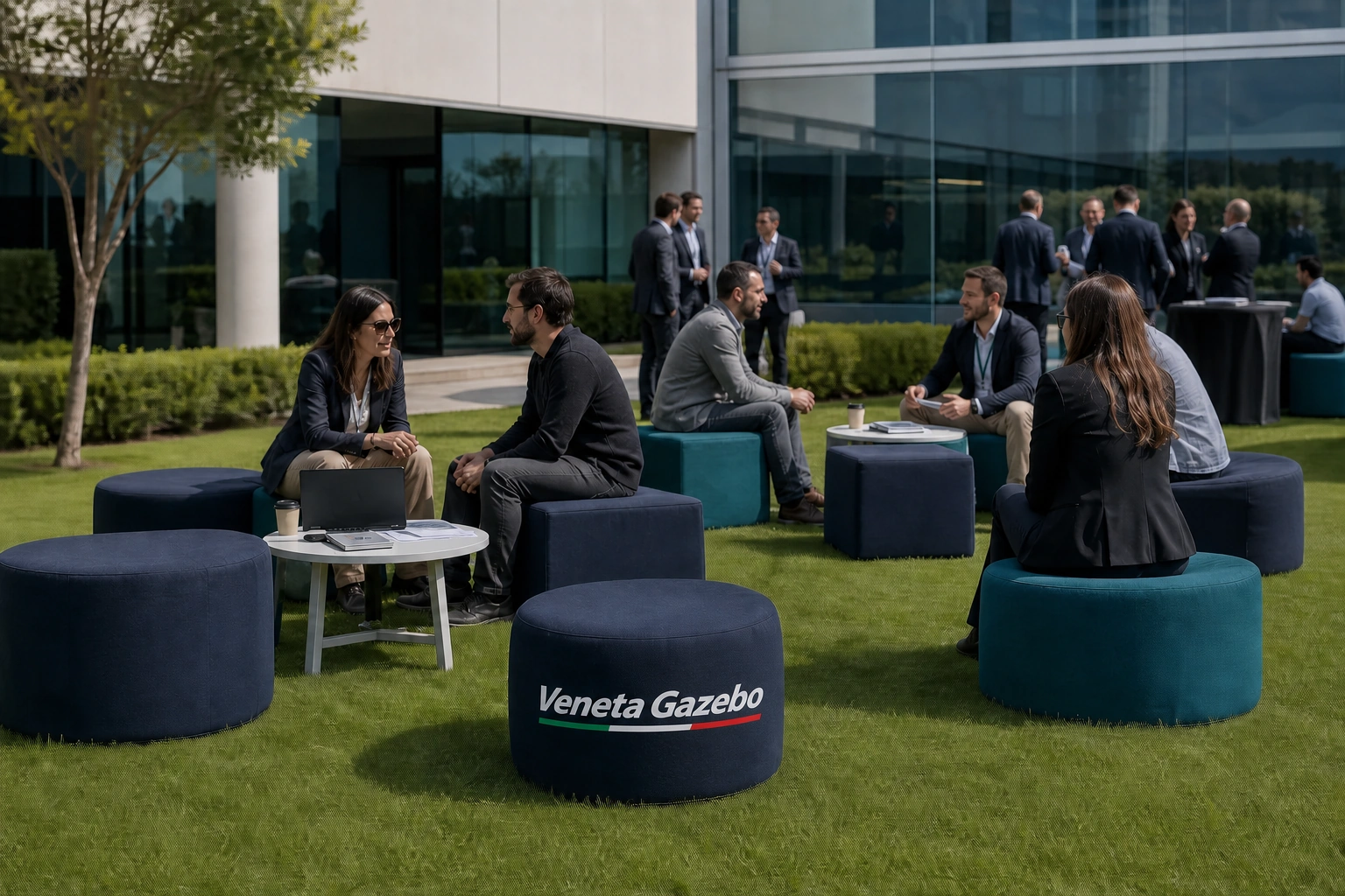 Pouf brandizzati per eventi coordinati in un allestimento VenetaGazebo