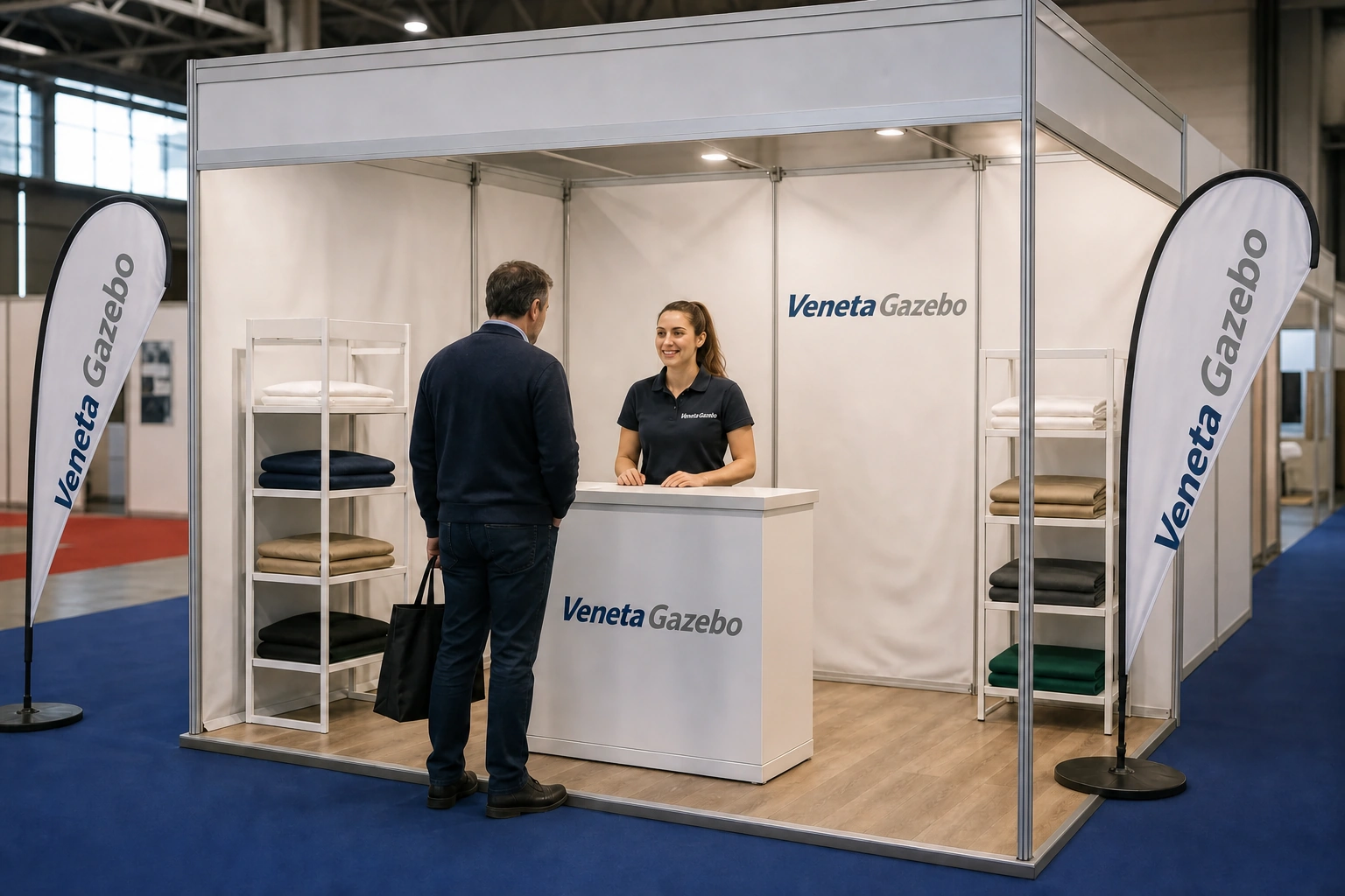 Stand tessili personalizzati coordinati in un allestimento VenetaGazebo