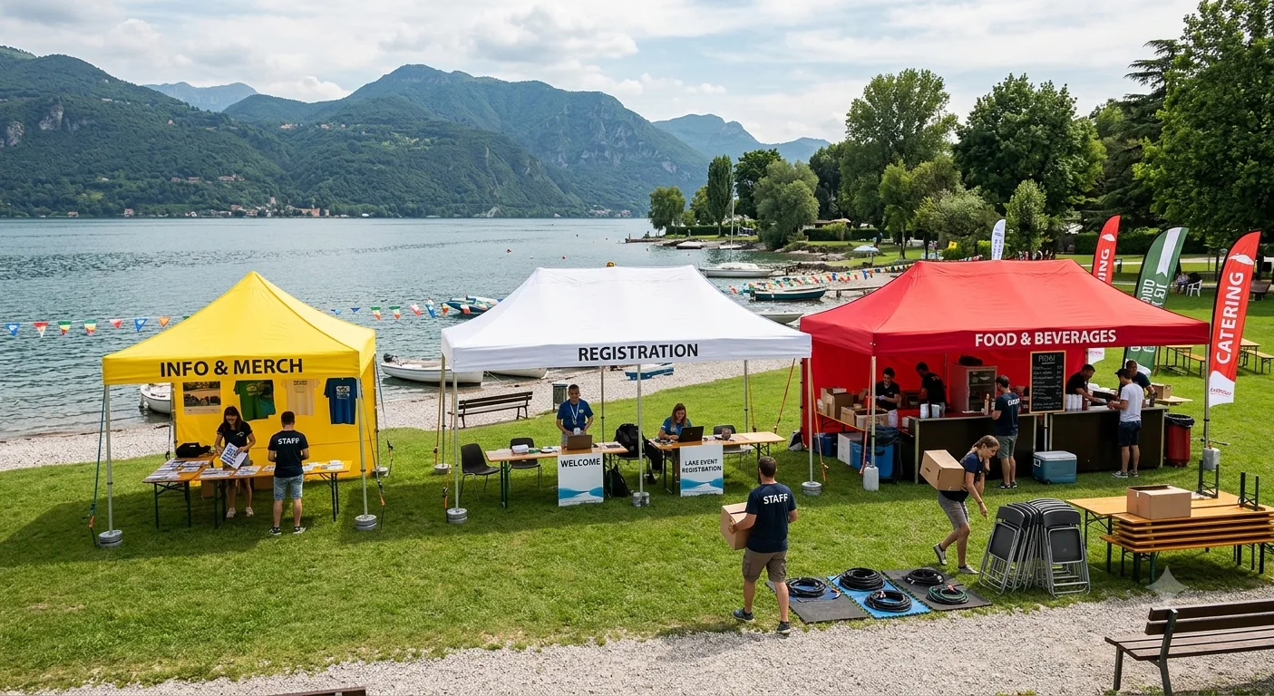 Tre gazebo utilizzati per accoglienza, informazioni e ristorazione durante un evento