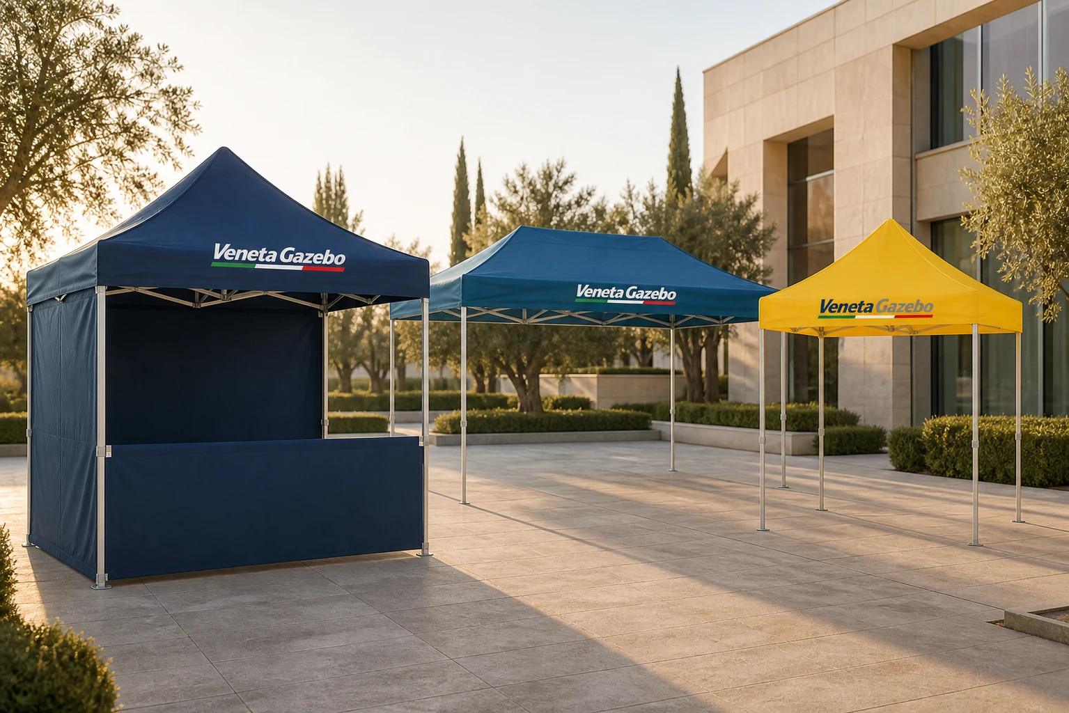 Le tre linee VenetaGazebo affiancate: Premium blu, Classic azzurra e Light gialla